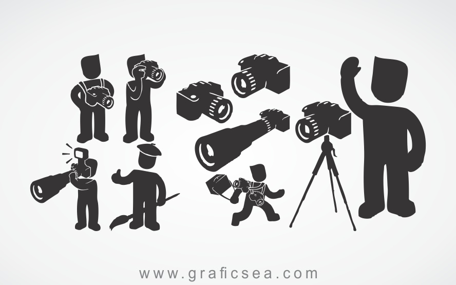 Camera and Photographer icons silhouette