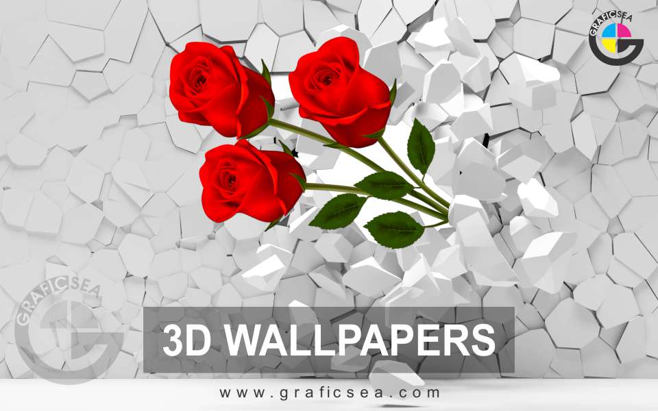 3D Stone Wall Breaks with Red Rose Romantic Murals free Download | graficsea 3D Stone Wall Breaks with Red Rose Romantic Murals