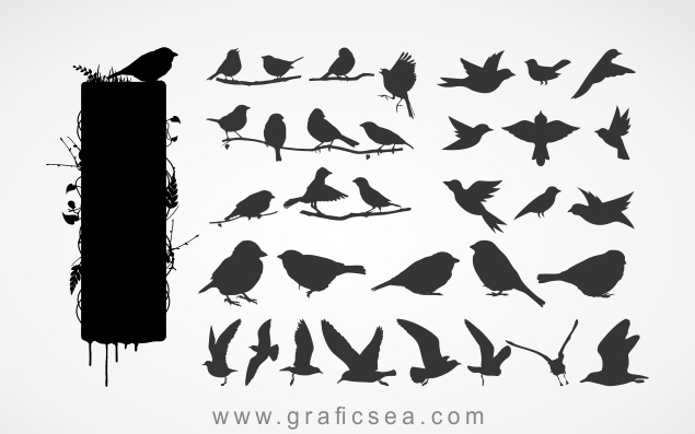 Set of Black Flying Birds Solid Clipart