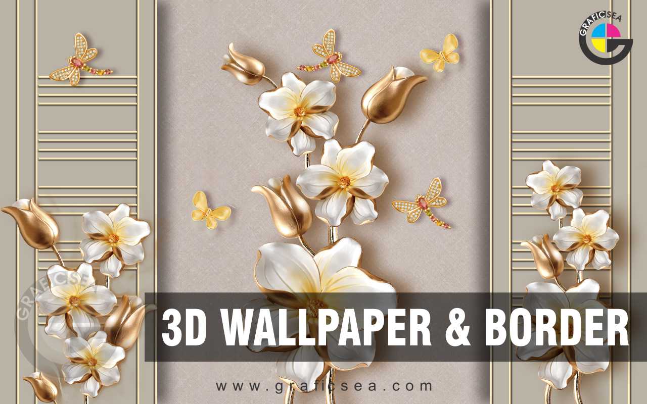 Embossed Gold Flowers Butterfly 3D Room Mural