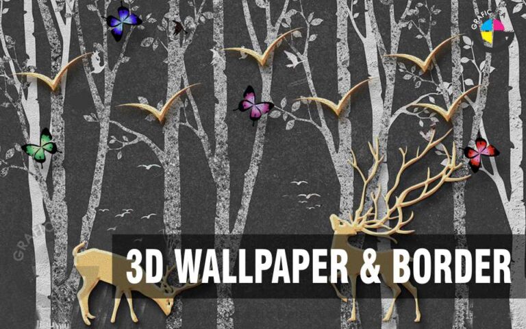 Golden Deer and Flying Birds with Black Tree Mural