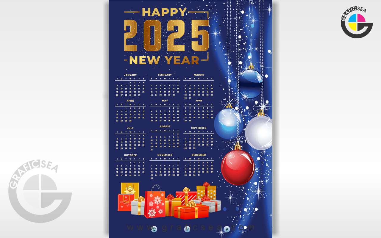 Blue Happy 2025 New Year Printable Calendar CDR Template