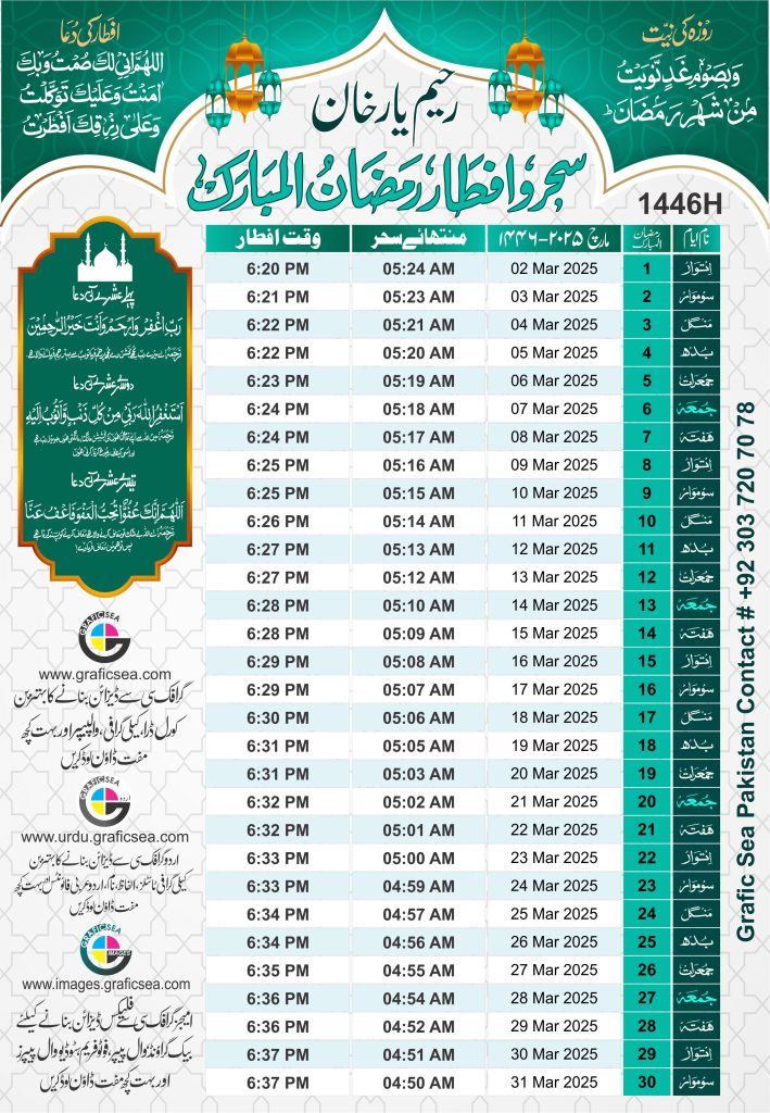 Sehri Iftar Ramadan Time Table Rahim Yar Khan 2025