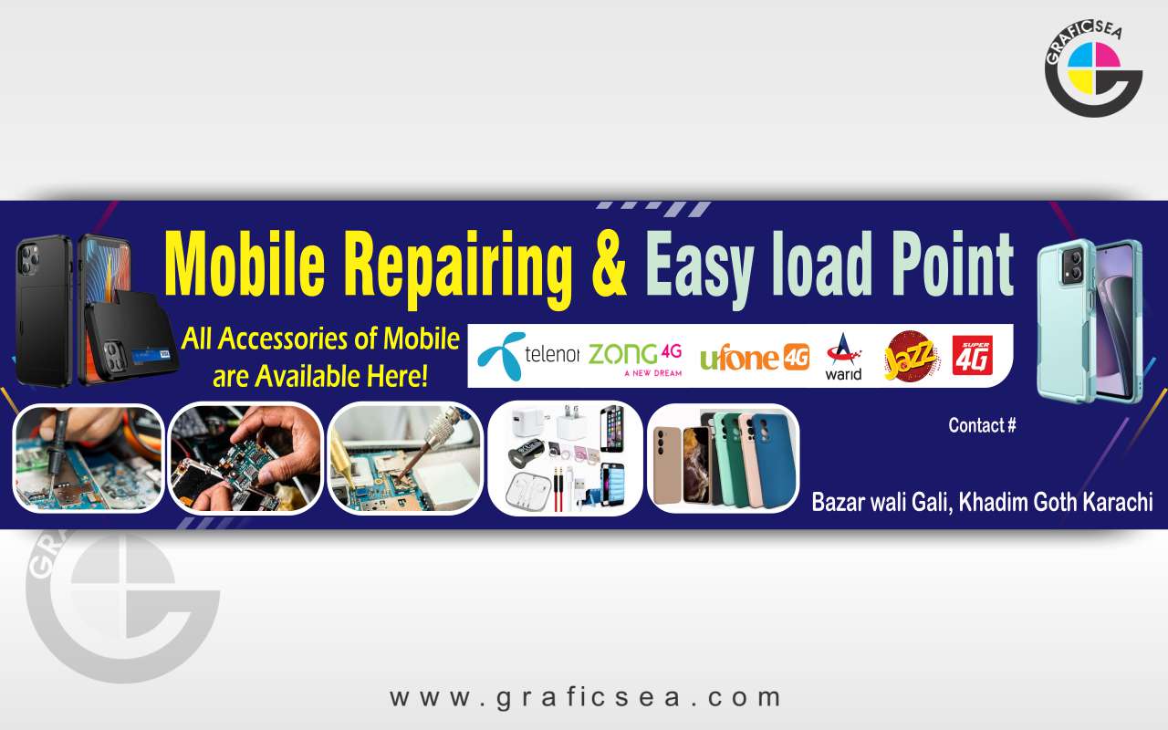 Mobile Repairing and Easyload Services Shop Flex CDR Banner Free Download | graficsea Mobile Repairing and Easyload Services Shop Flex Banner