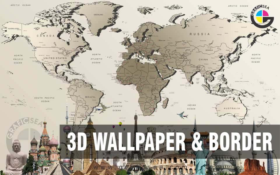 World Tour Map with Famous Building Travel Decor 3D